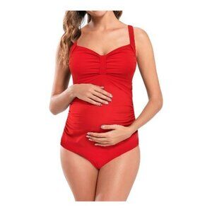 Red Sweetheart Maternity Pregnant Bowknot Ruched Swimsuit Size Large NWT #1014